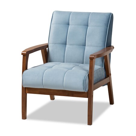 Baxton Studio Asta Mid-Century Blue Velvet Upholstered Walnut Finished Wood Armchair 160-9942